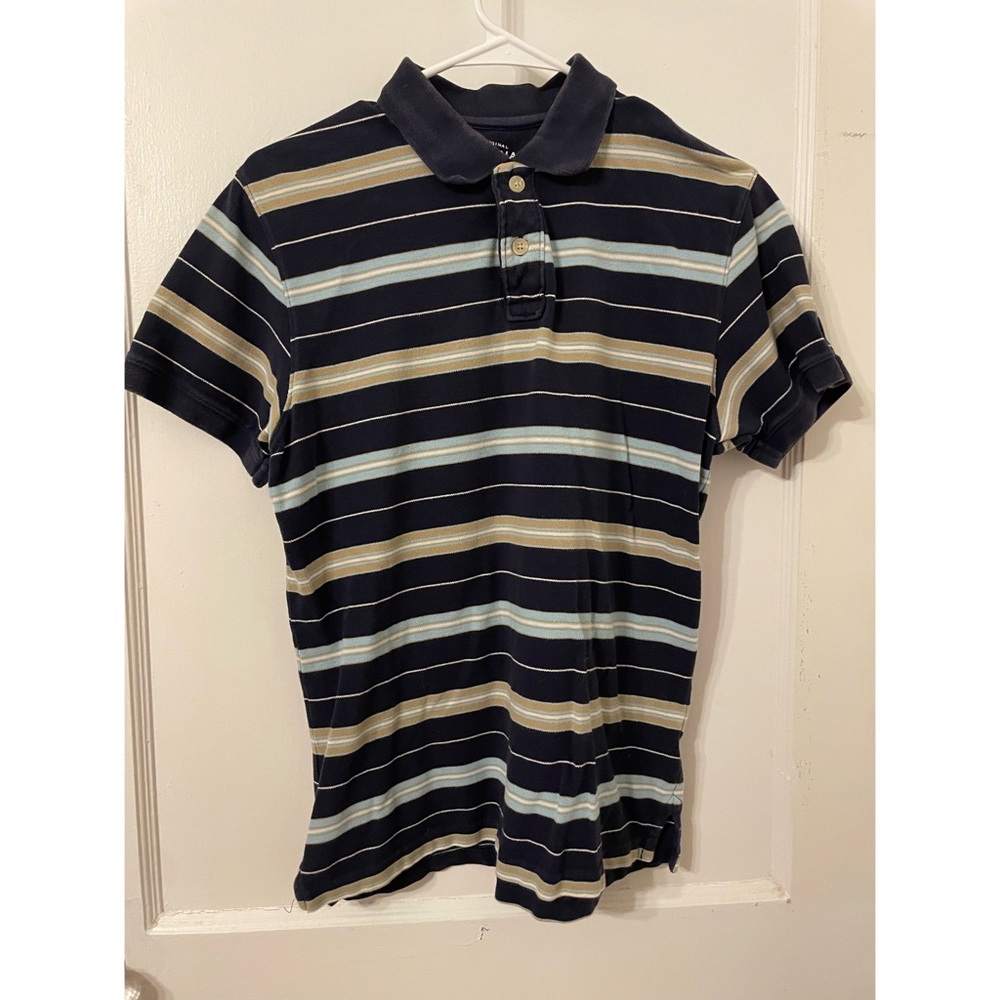 Arizona Jean Company Men’s Navy Blue Tan Stripe Short Sleeve Polo Size M